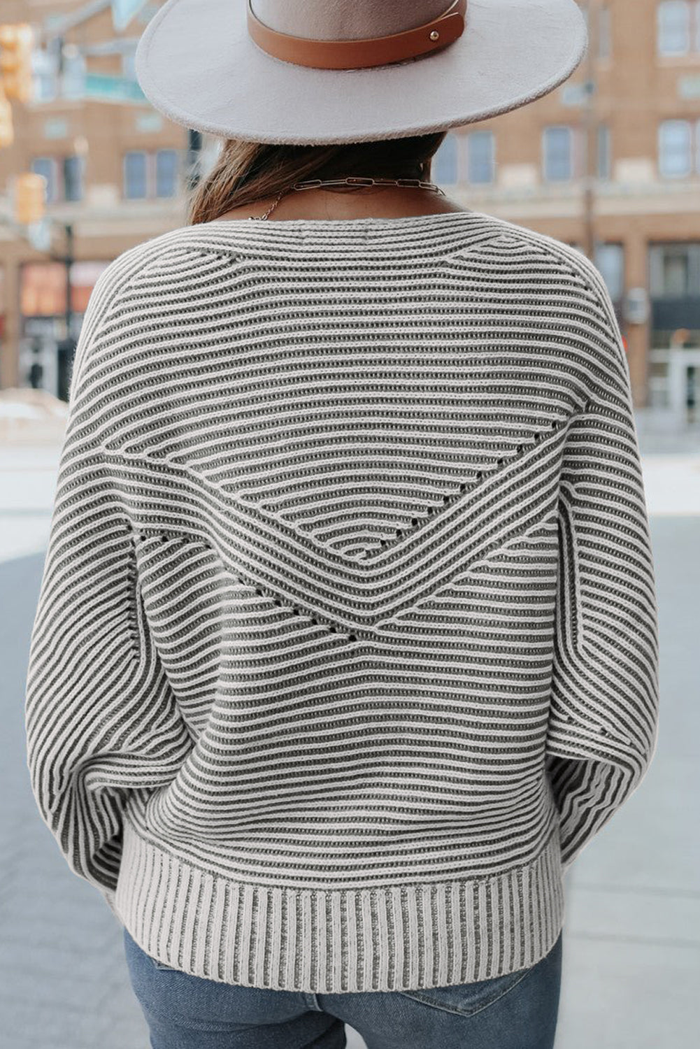 Striped Print Ribbed Knit Raglan Sleeve Baggy Sweater