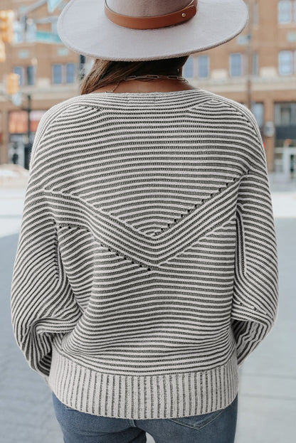 Striped Print Ribbed Knit Raglan Sleeve Baggy Sweater