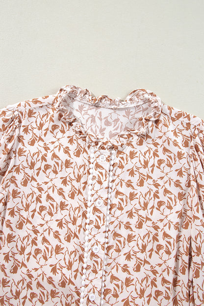 Khaki Printed Floral Print Lace Detail Puff Sleeve Shirt
