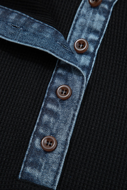 Black Plus Size Textured Contrast Denim Patchwork Button Polo Tee