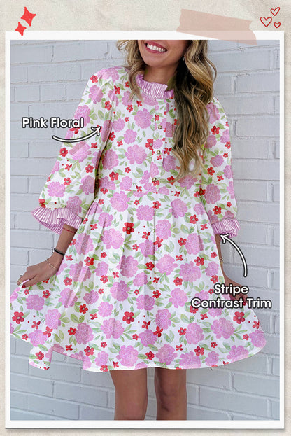 Pink Floral Print Striped Trim Flowy Mini Dress