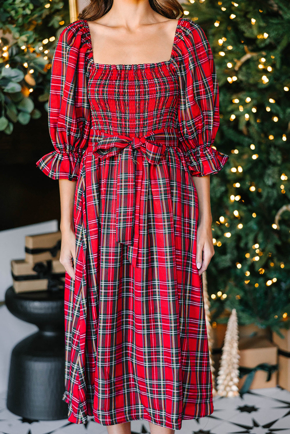Plaid Square Neck Puff Sleeve Bowknot Waist Flared Midi Dress