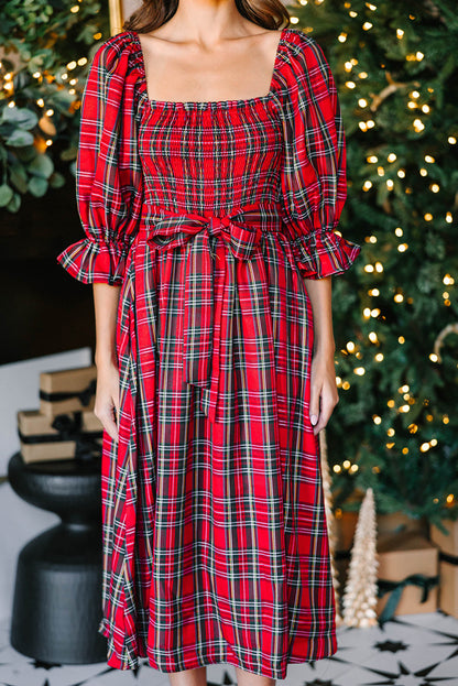 Plaid Square Neck Puff Sleeve Bowknot Waist Flared Midi Dress
