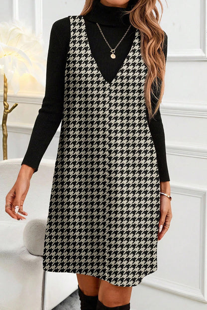 Houndstooth Print V Neck Sleeveless Mini Dress