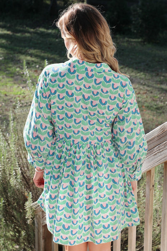 Green Floral Print Scallop Trim Pocket Mini Dress