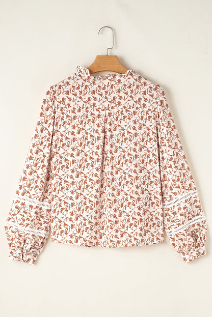 Khaki Printed Floral Print Lace Detail Puff Sleeve Shirt