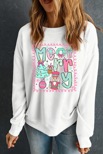 White Merry Christmas Fashion Graphic Heat Transfer Printing Cotton Blend Sweatshirt