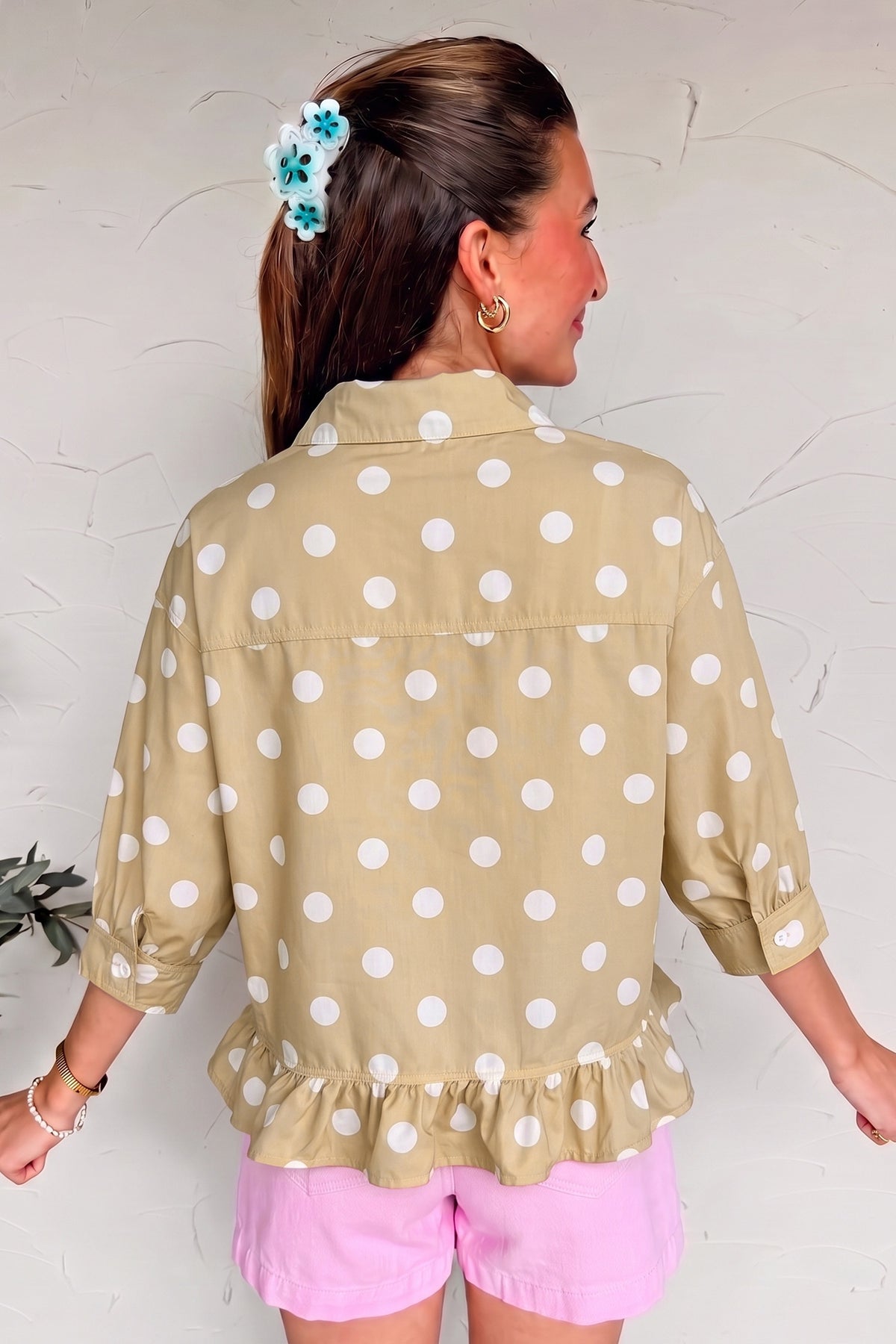 Polka Dot Print Three Quarter Sleeve Ruffle Hem Casual Shirt