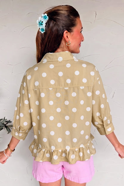 Polka Dot Print Three Quarter Sleeve Ruffle Hem Casual Shirt