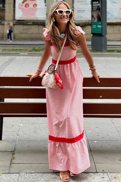 Red Stripe Bow Knot Straps Contrast Trim High Waist Ruffle Hem Maxi Dress