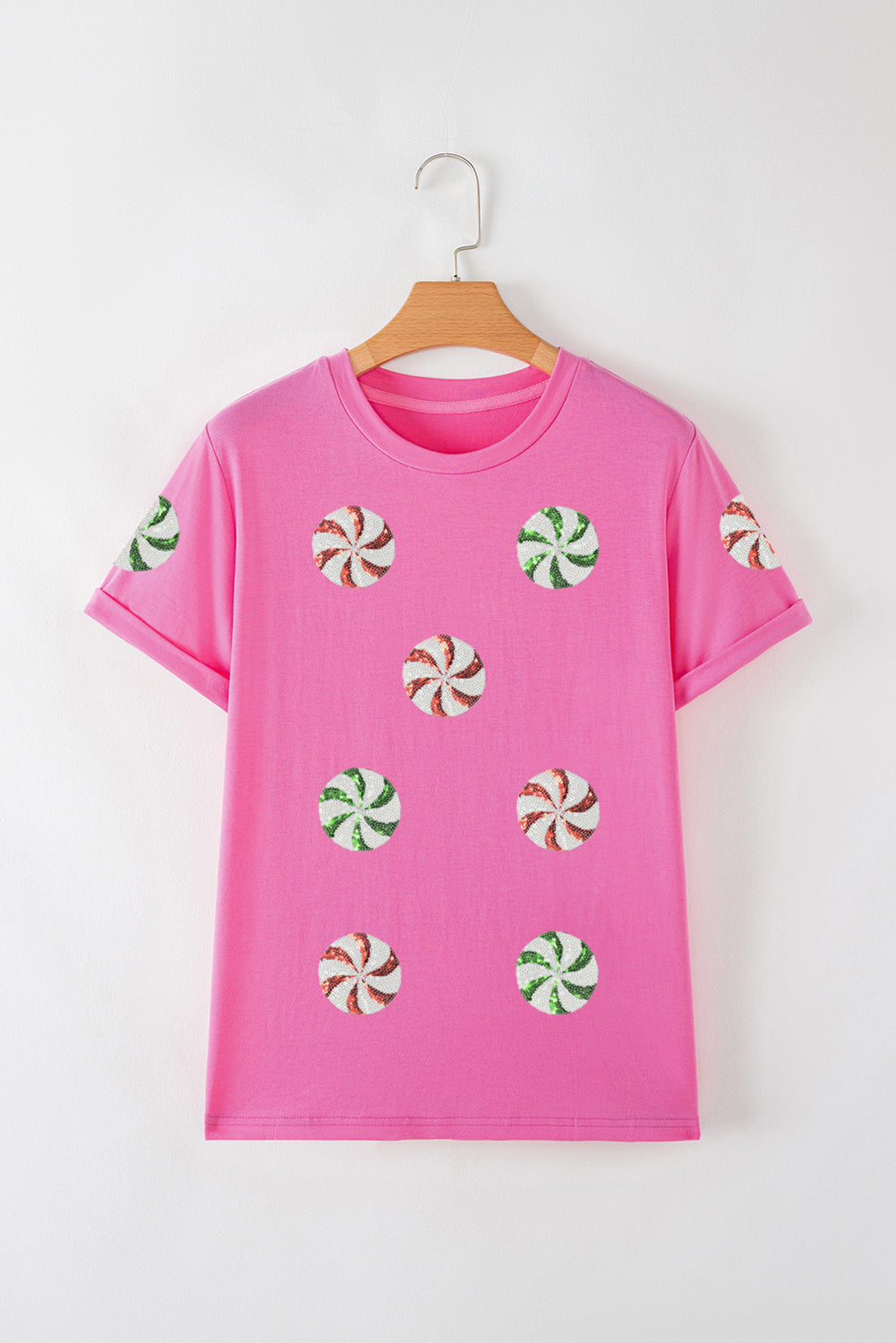 Pink Peppermint Candy Pattern Sequins Patch Christmas T Shirt