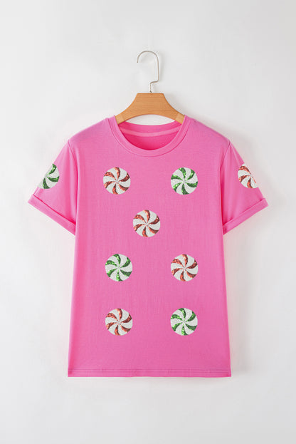 Pink Peppermint Candy Pattern Sequins Patch Christmas T Shirt