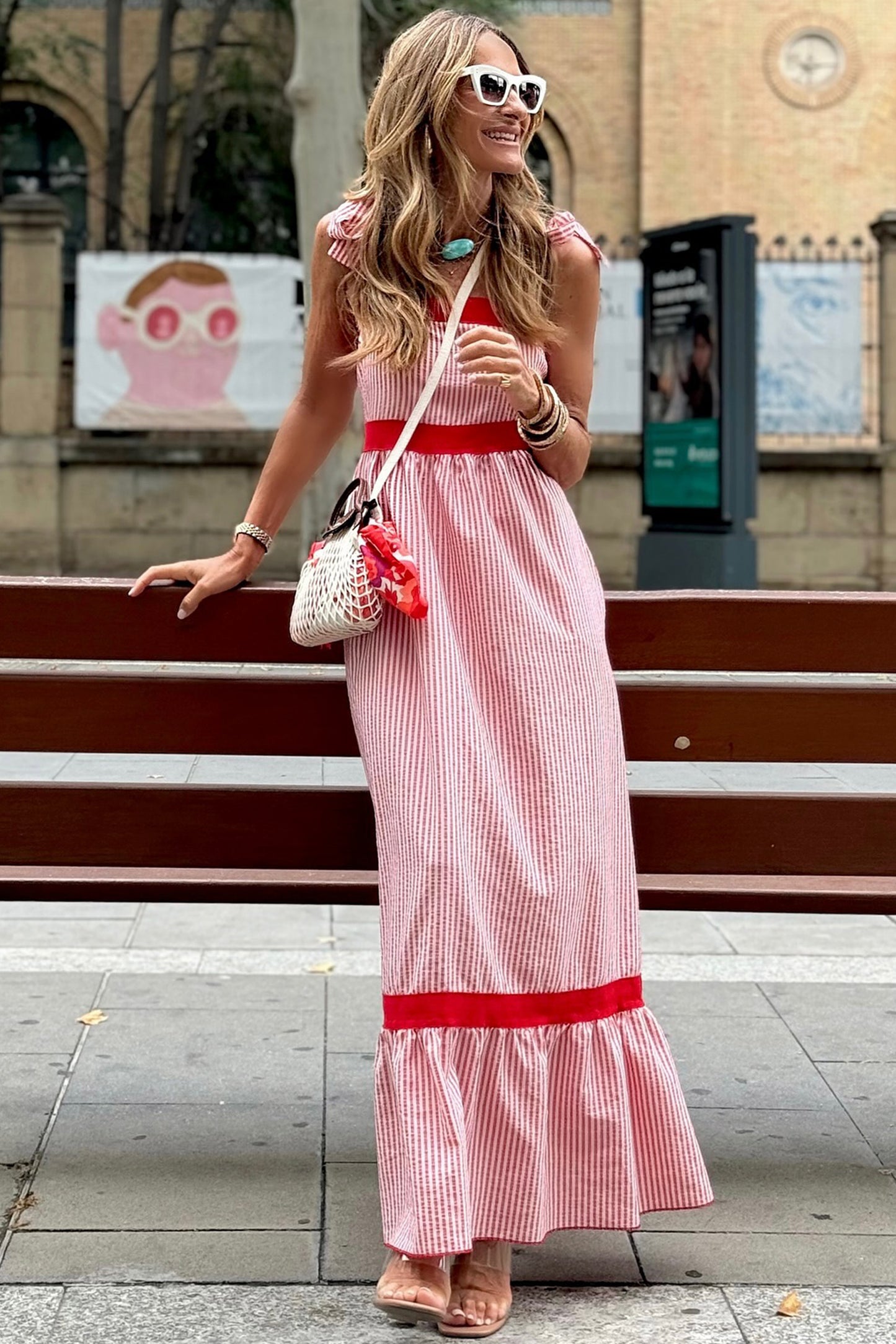 Red Stripe Bow Knot Straps Contrast Trim High Waist Ruffle Hem Maxi Dress