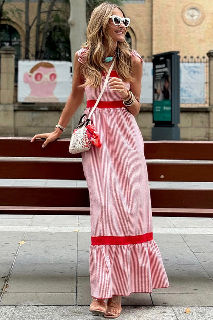 Red Stripe Bow Knot Straps Contrast Trim High Waist Ruffle Hem Maxi Dress