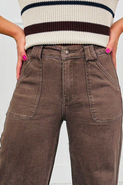 Dark Brown Retro Washed Patch Pocket Loose Jeans