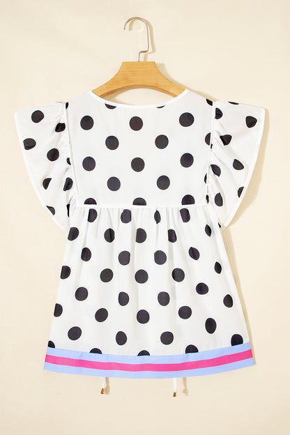 White Polka Dot Print Flutter Sleeve Striped Patchwork Babydoll Blouse