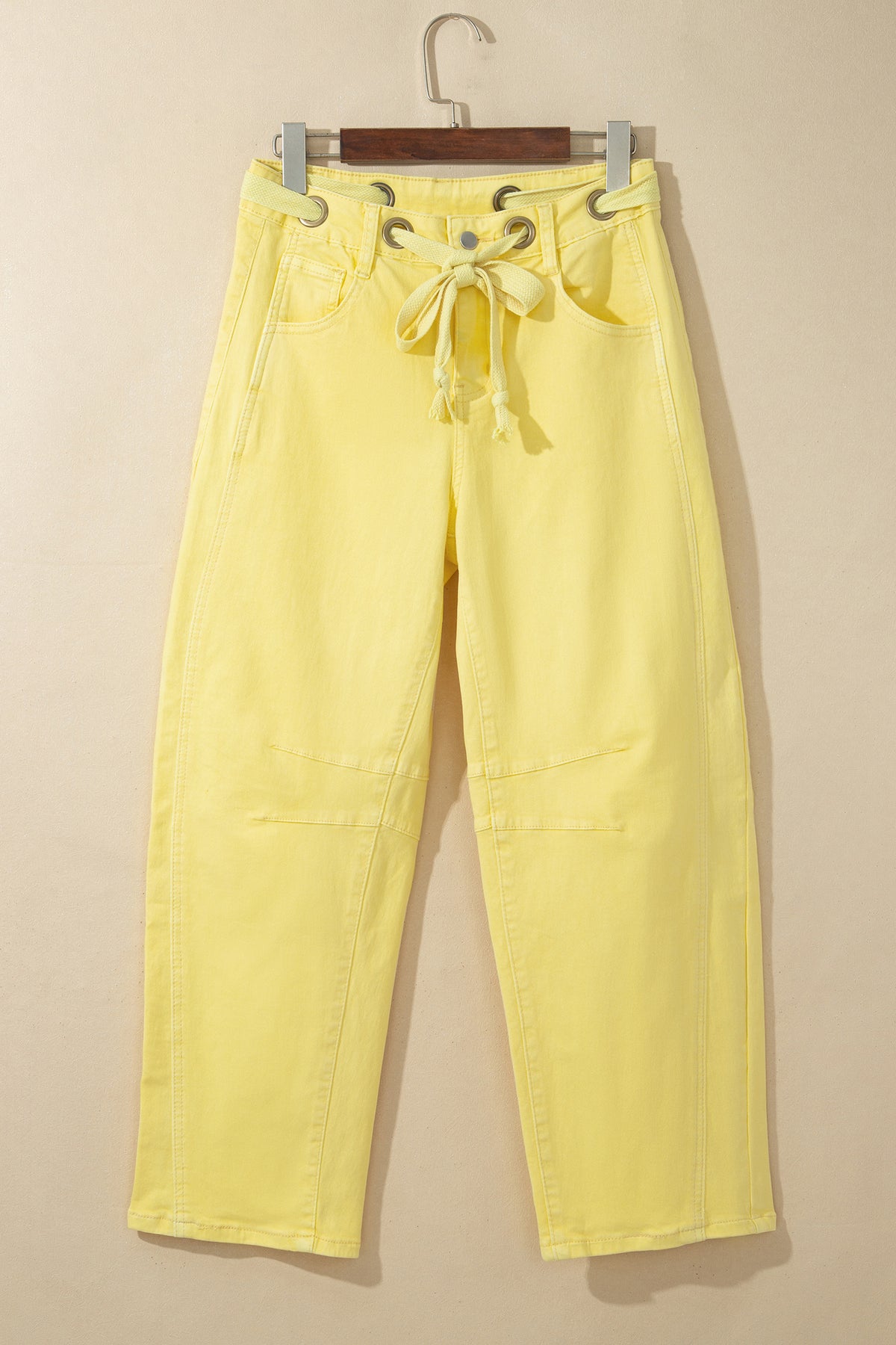Color Grommet Detail Knot Waist Barrel Jeans
