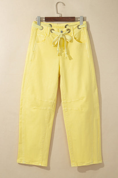 Color Grommet Detail Knot Waist Barrel Jeans