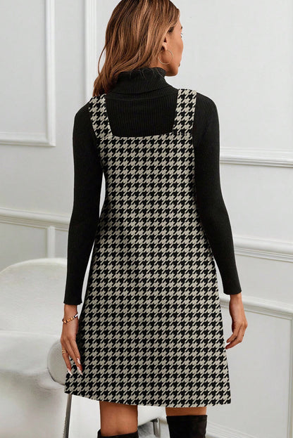 Houndstooth Print V Neck Sleeveless Mini Dress