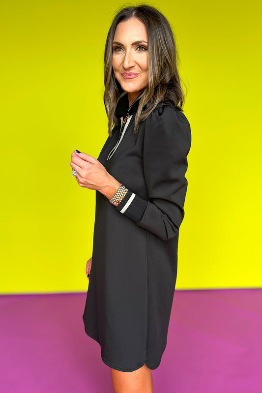 Black Striped Trim V Neck Collared Puff Sleeve Mini Dress