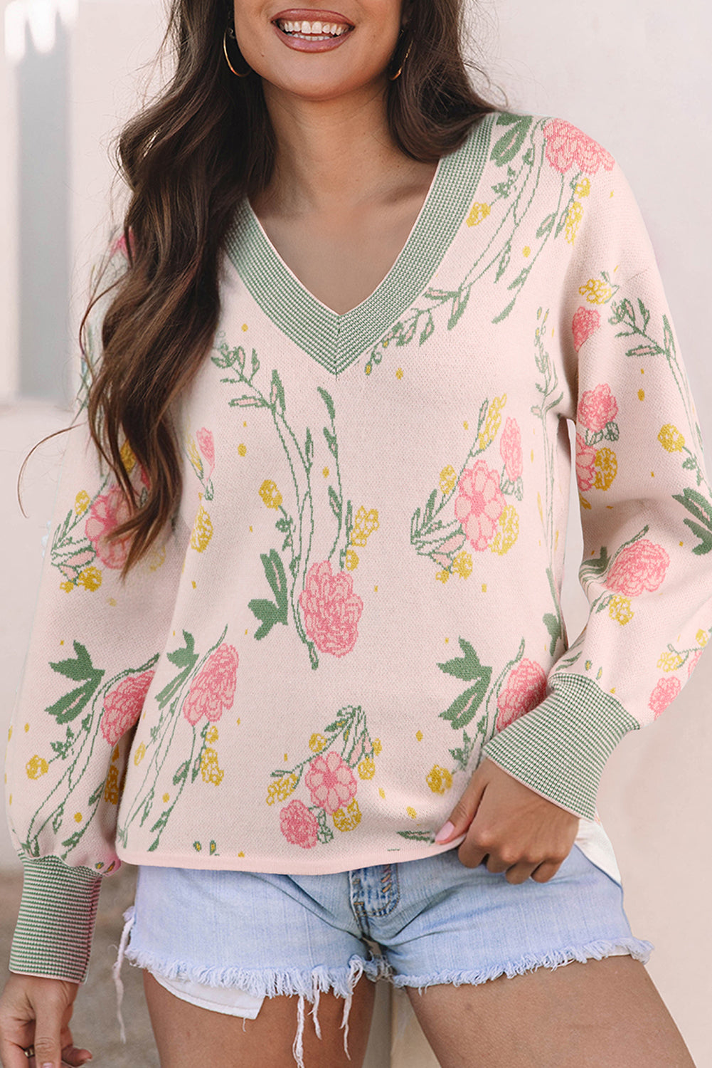 Pink Floral Colorblock V Neck Loose Sweater