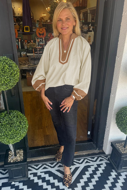 Black Colorblock Contrast V-neck Long Sleeve Blouse