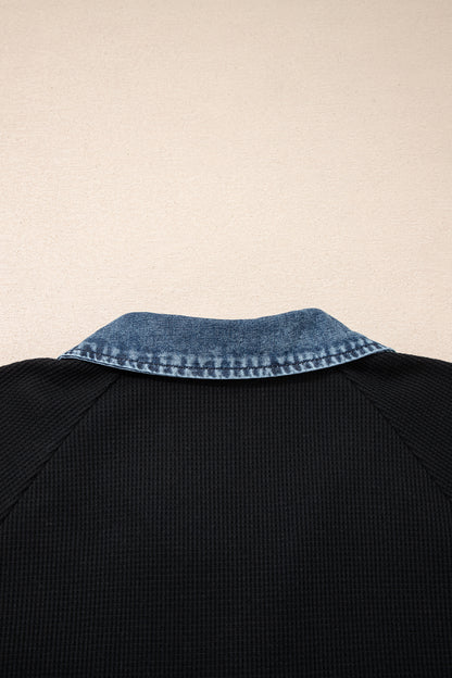 Black Plus Size Textured Contrast Denim Patchwork Button Polo Tee