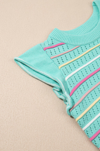Green Colorful Striped Eyelet Knit Ruffle Top