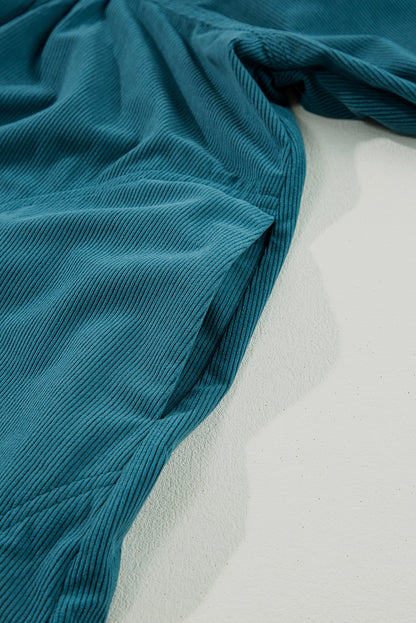 Light Snap Button Empire Waist Lantern Sleeve Corduroy Dress