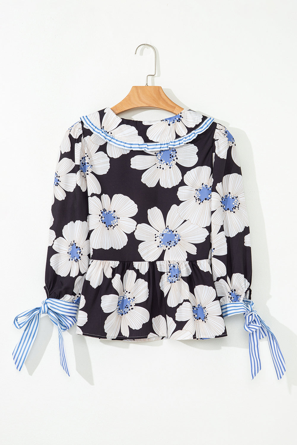 Floral Print Striped Tie Sleeve Collared V Neck Blouse