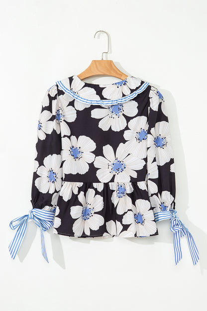 Floral Print Striped Tie Sleeve Collared V Neck Blouse