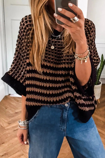 Stripe 3/4 Draped Sleeve Slouchy Sweater