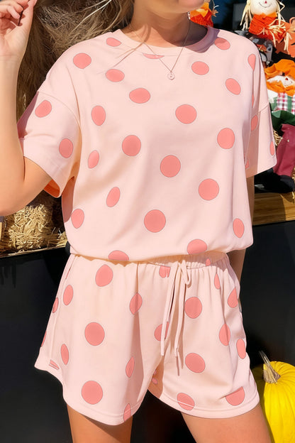 Polka Dot Print Loose Tee Drawstring Elastic Waist Short Set