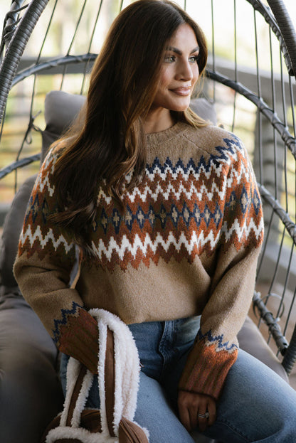 Khaki Geometric Print Colorblock Crew Neck Sweater