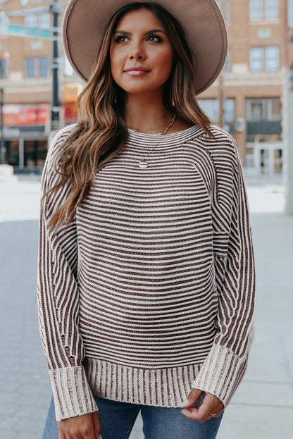 Striped Print Ribbed Knit Raglan Sleeve Baggy Sweater