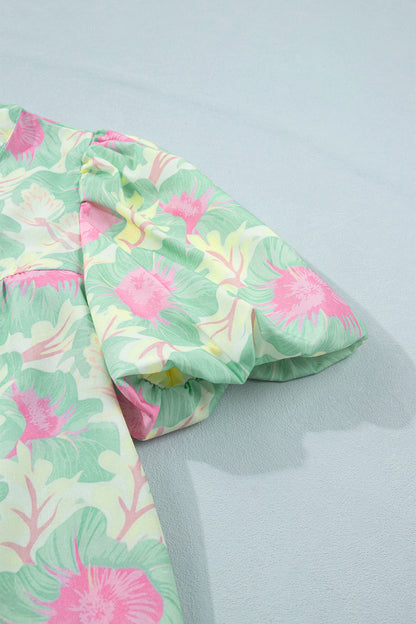 Short Bubble Sleeve Summer Floral Blouse