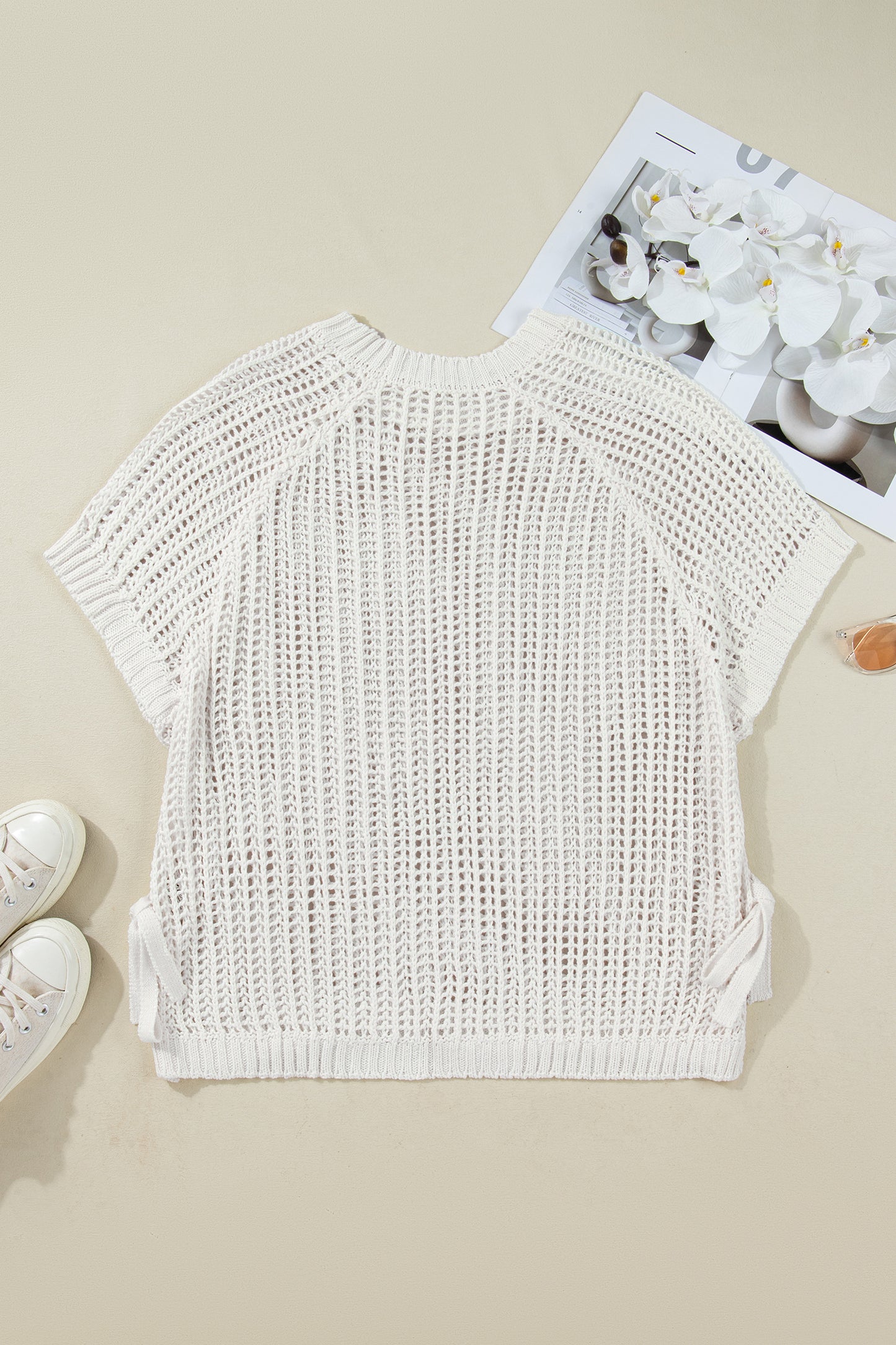 Open Knit Bow Tie Short Sleeve Sweater