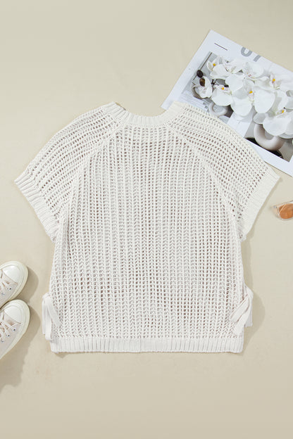 Open Knit Bow Tie Short Sleeve Sweater