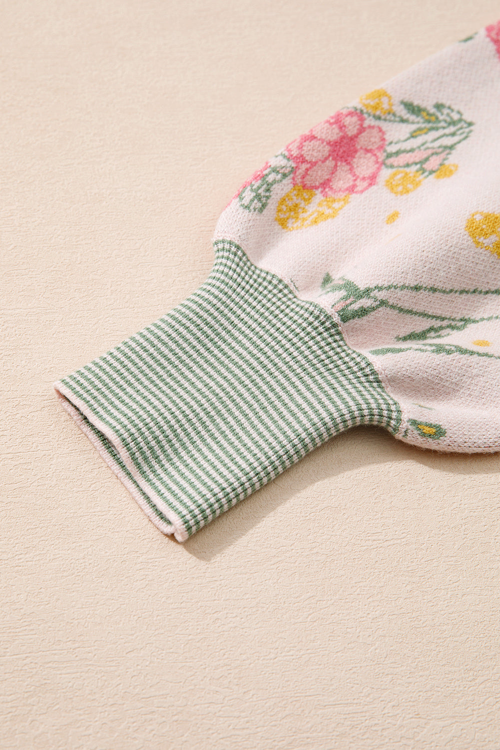 Pink Floral Colorblock V Neck Loose Sweater