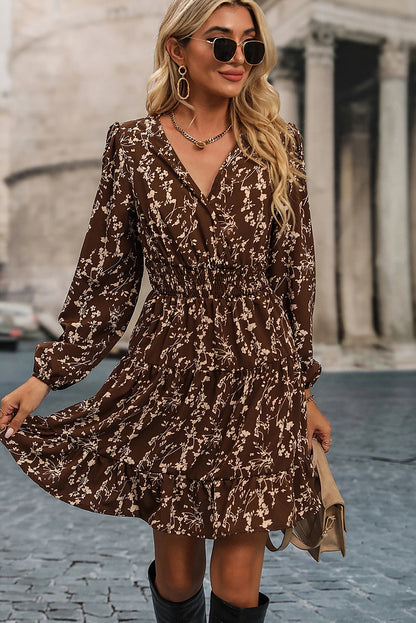 Brown Ditsy Floral Print Split Neck Long Sleeve Shirred Waist Flared Mini Dress
