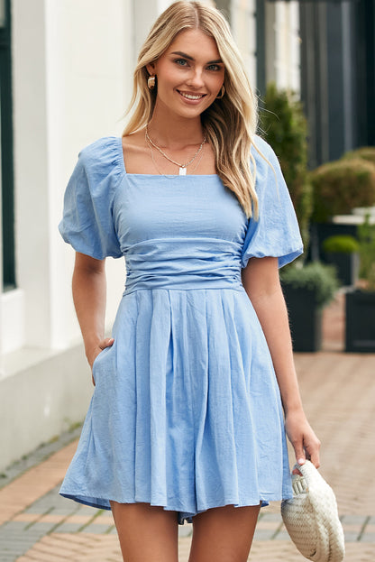 Sky Blue Square Neck Ruched Puff Sleeve Romper