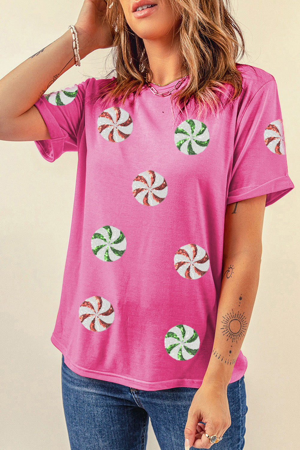 Pink Peppermint Candy Pattern Sequins Patch Christmas T Shirt