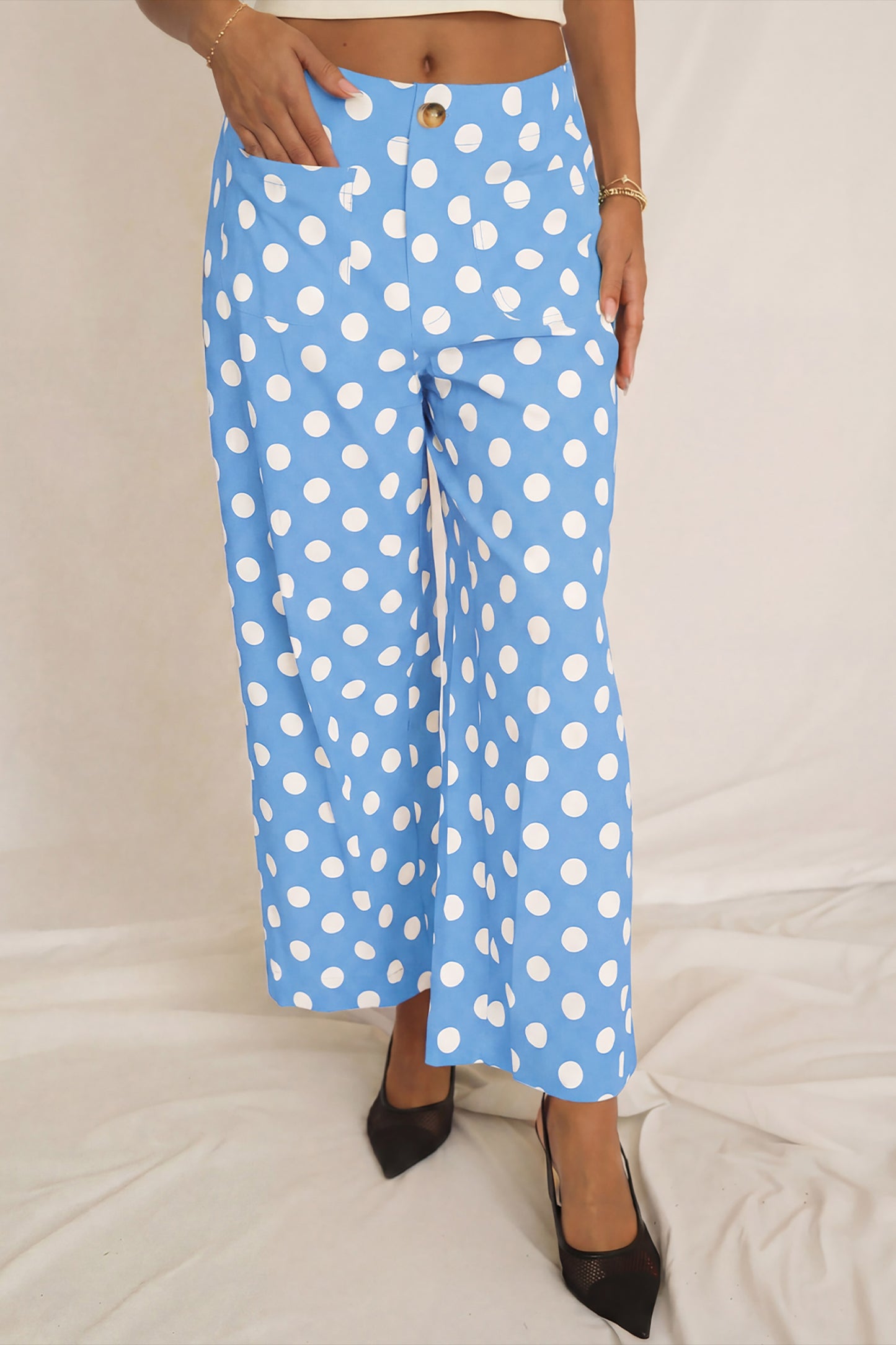 Polka Dot Print Patched Pocket Mid-rise Straight Leg Pants