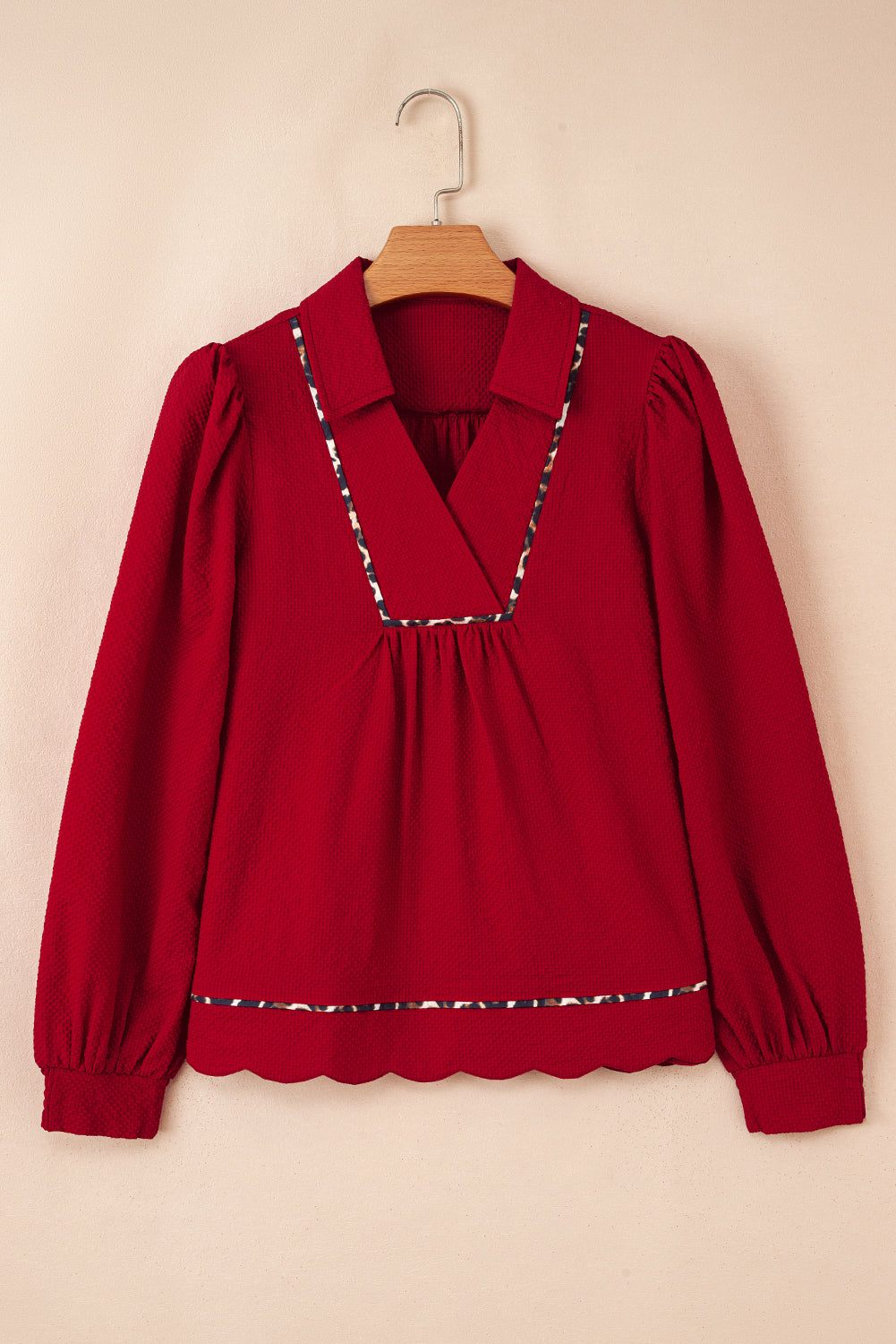 Fiery Red Collar V Neck Leopard Contrasted Trim Textured Blouse