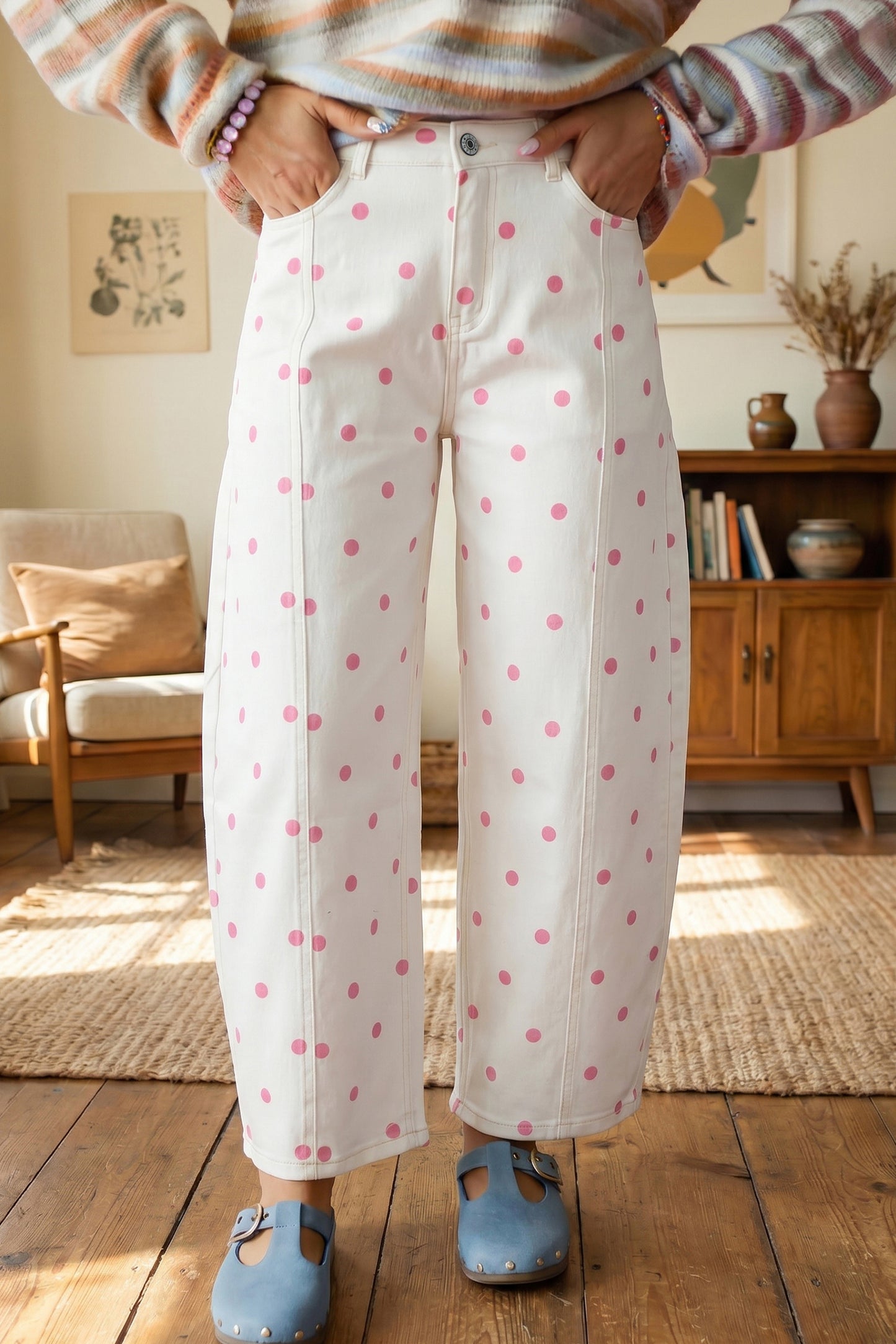 Tailored Seam Polka Dot Print Barrel Casual Jeans
