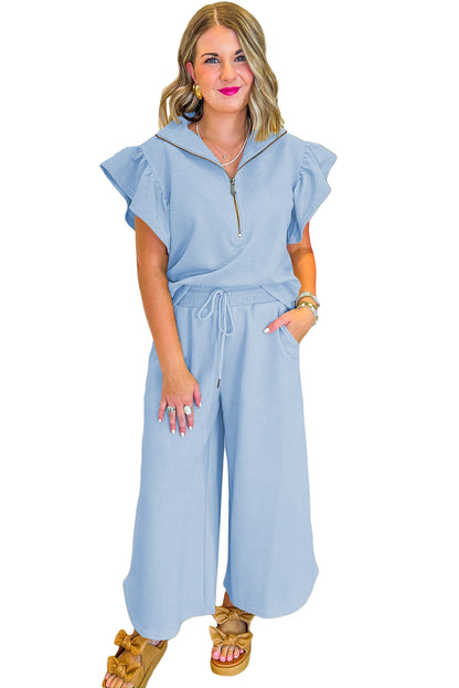 Textured Ruffle Sleeve Zipped Top and Wide Leg Pants Set