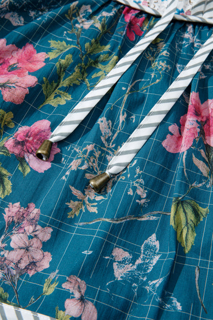 Sky Blue Floral Print Contrast Yoke Patchwork Striped Trim Long Puff Sleeve Blouse