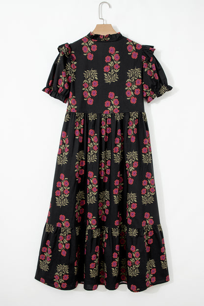 Floral Short Bubble Sleeve Tiered Maxi Dress