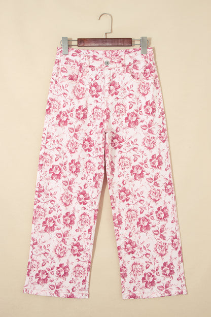 Pink Vintage Floral Print Denim Shift Pants