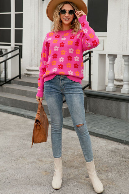 Rose Flower Allover Ribbed Trimmed Drop Shoulder Pullover Sweater